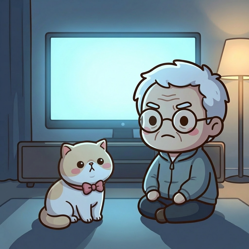 夜のリビング、TVの前でそなえじぃとひなたちゃんが並んで座っている