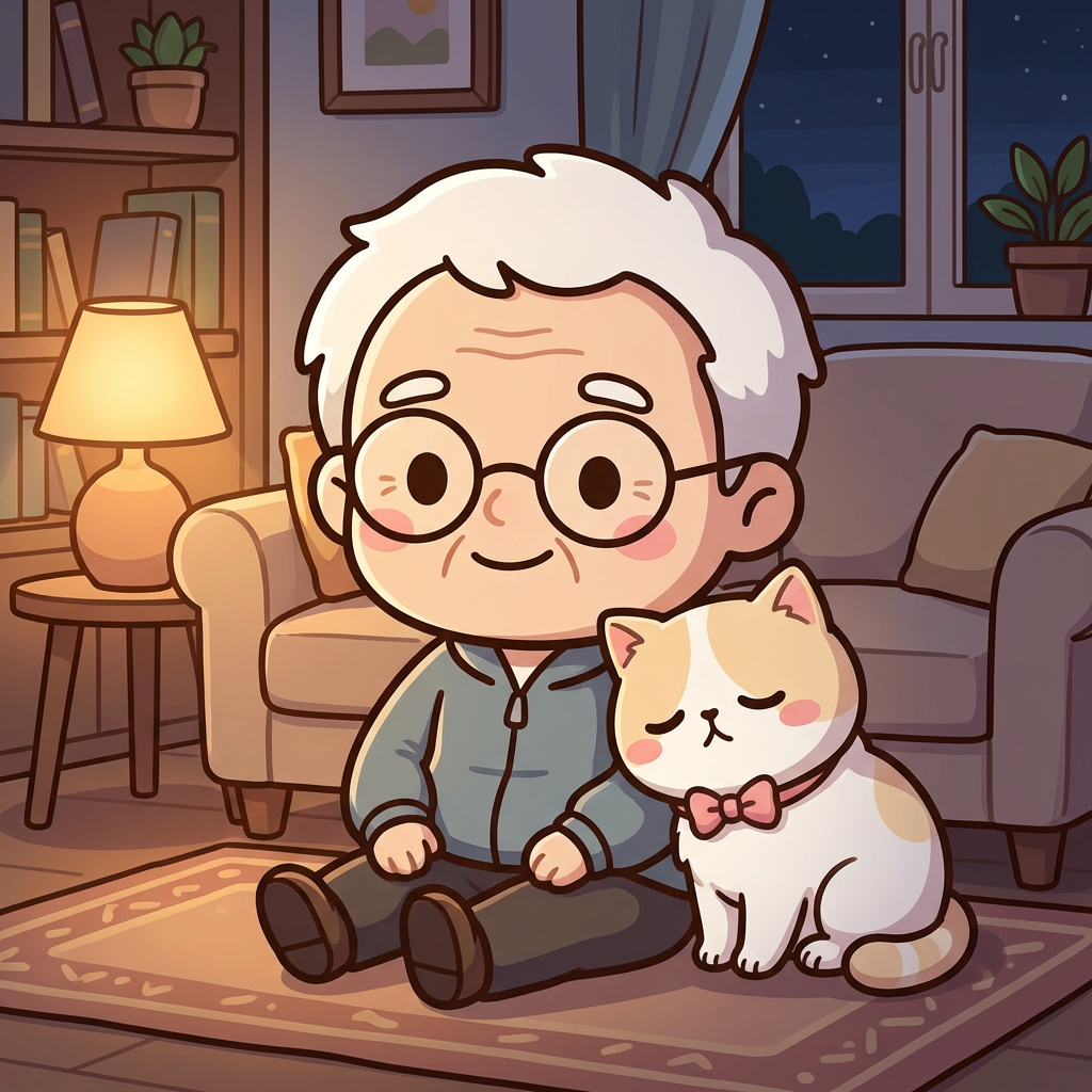 ひなたちゃんがそなえじぃにそっと寄り添っている。夜の静かなリビング