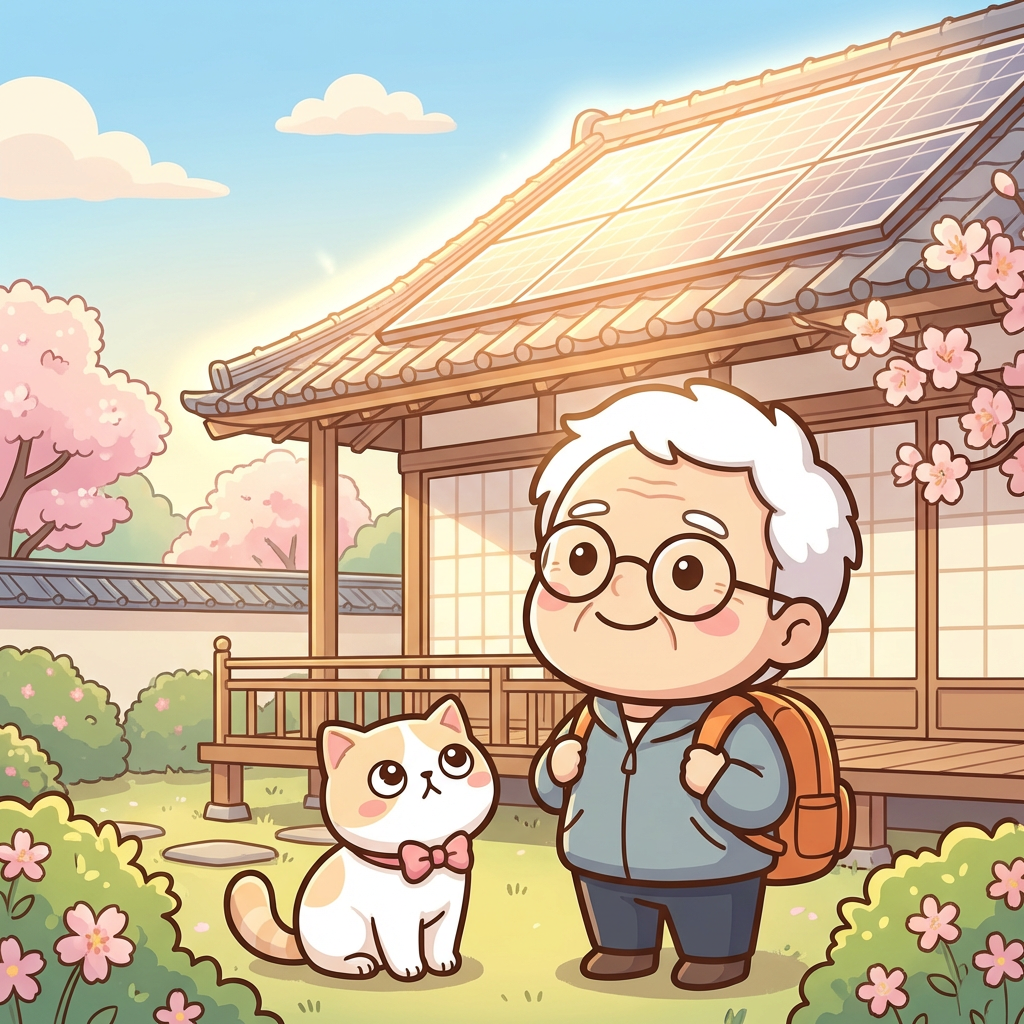 太陽光パネルのある家の前で、そなえじぃとひなたちゃんが並んでいる