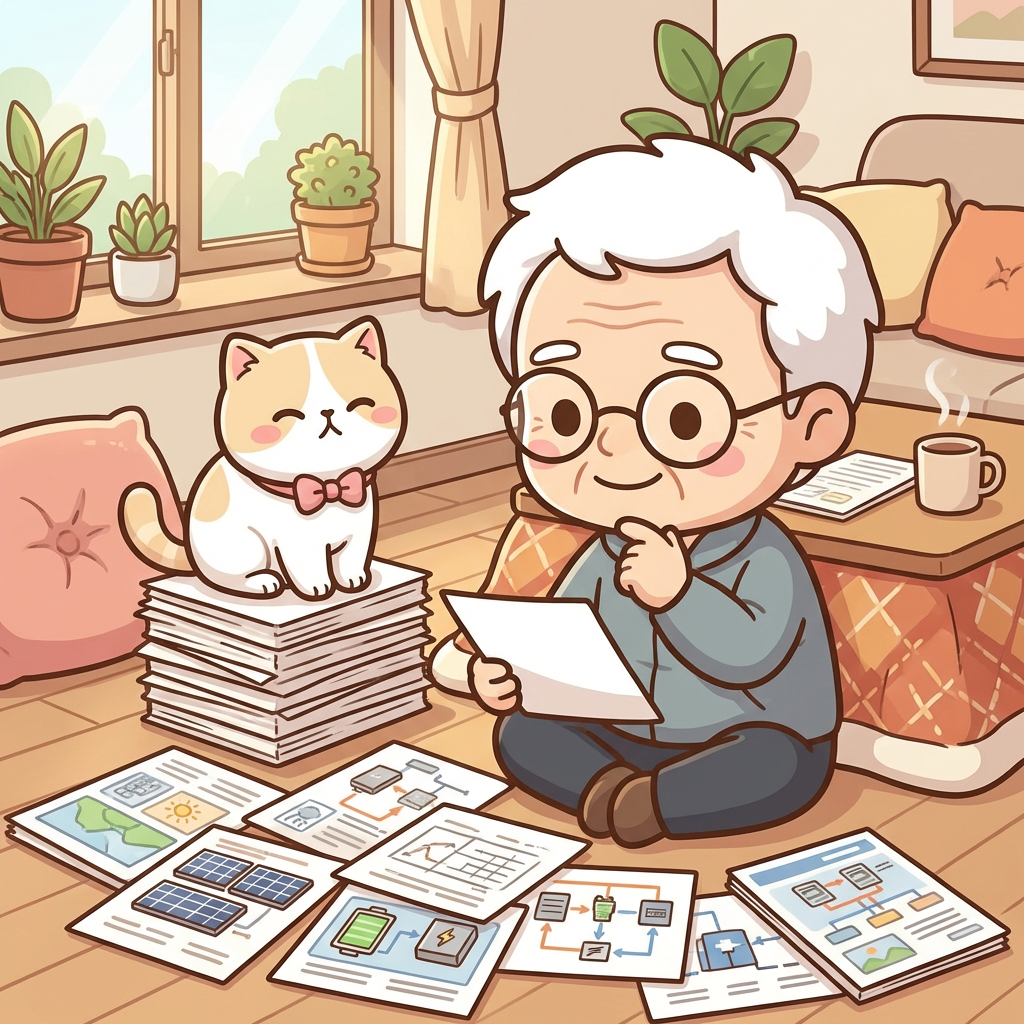 居間で太陽光・蓄電池の資料を広げるそなえじぃ。ひなたちゃんが資料の上にちょこんと座っている