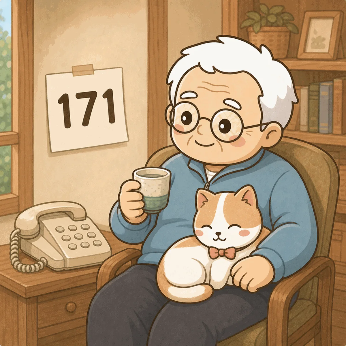 練習を終えたそなえじぃが湯のみを片手に、壁に貼った171のメモを眺めてほっとした笑顔。ひなたちゃんは膝の上で満足そうに丸くなっている