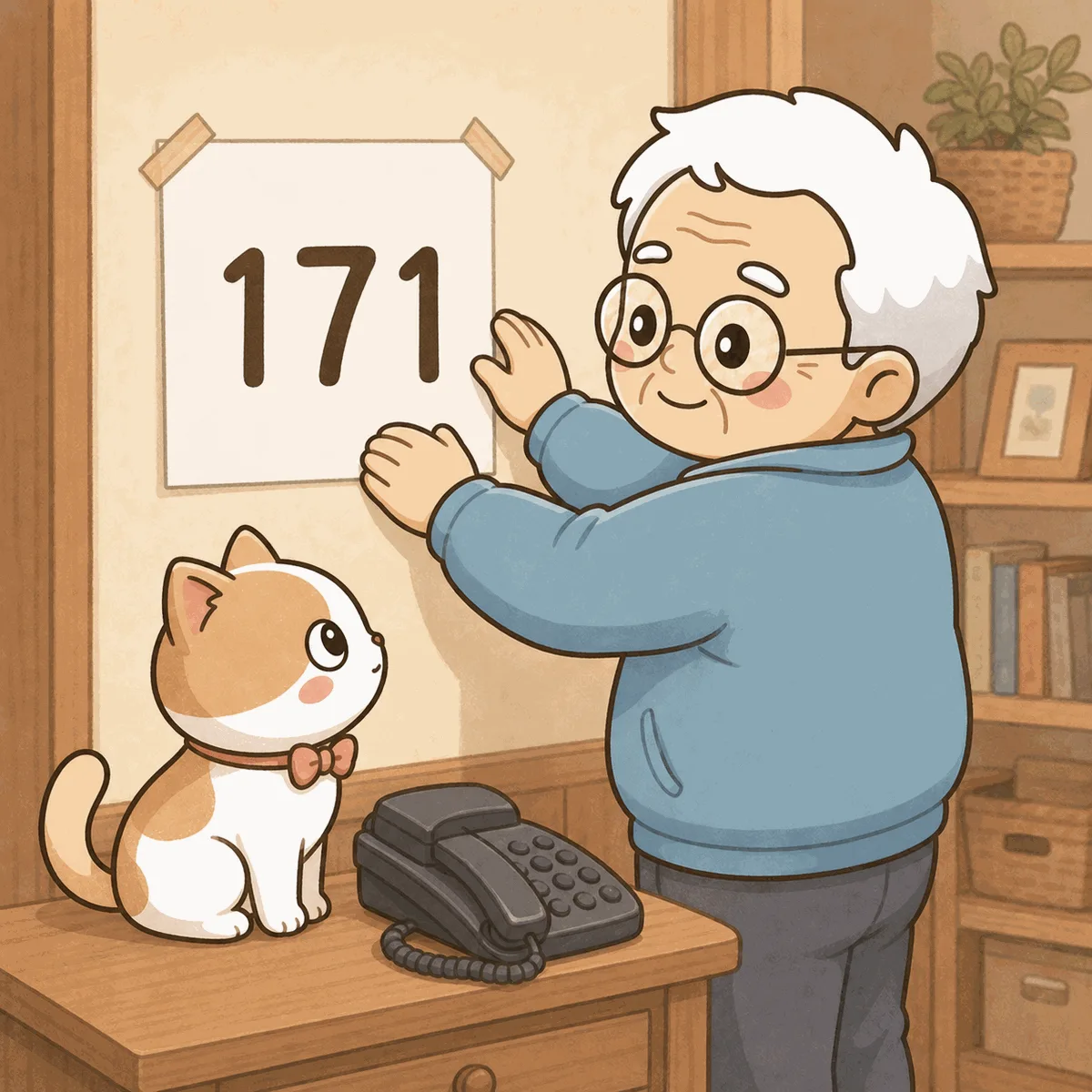 そなえじぃが固定電話のそばの壁に、大きく171と書いた紙をテープで貼っている。ひなたちゃんは電話機の横に座って紙を見上げている