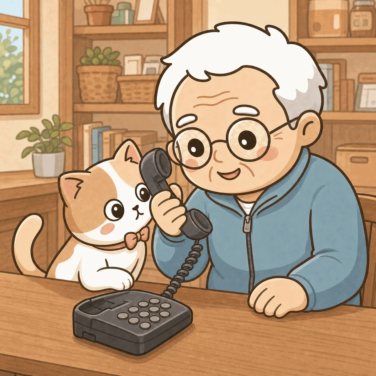 そなえじぃが固定電話の受話器ににこやかに話しかけて171の録音練習をしている。ひなたちゃんも受話器に耳を寄せて一緒に聞こうとしている