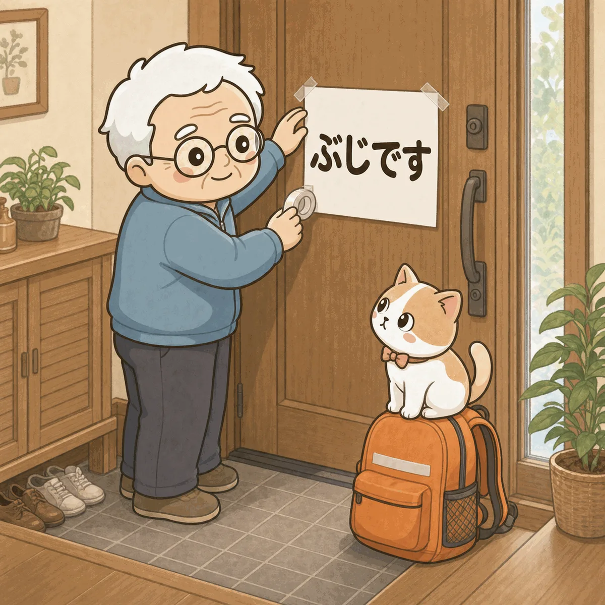 そなえじぃが玄関のドアに「ぶじです」と書いた紙をテープで貼っている。足元のオレンジ色の避難リュックの上には、ひなたちゃんがちょこんと座って見上げている