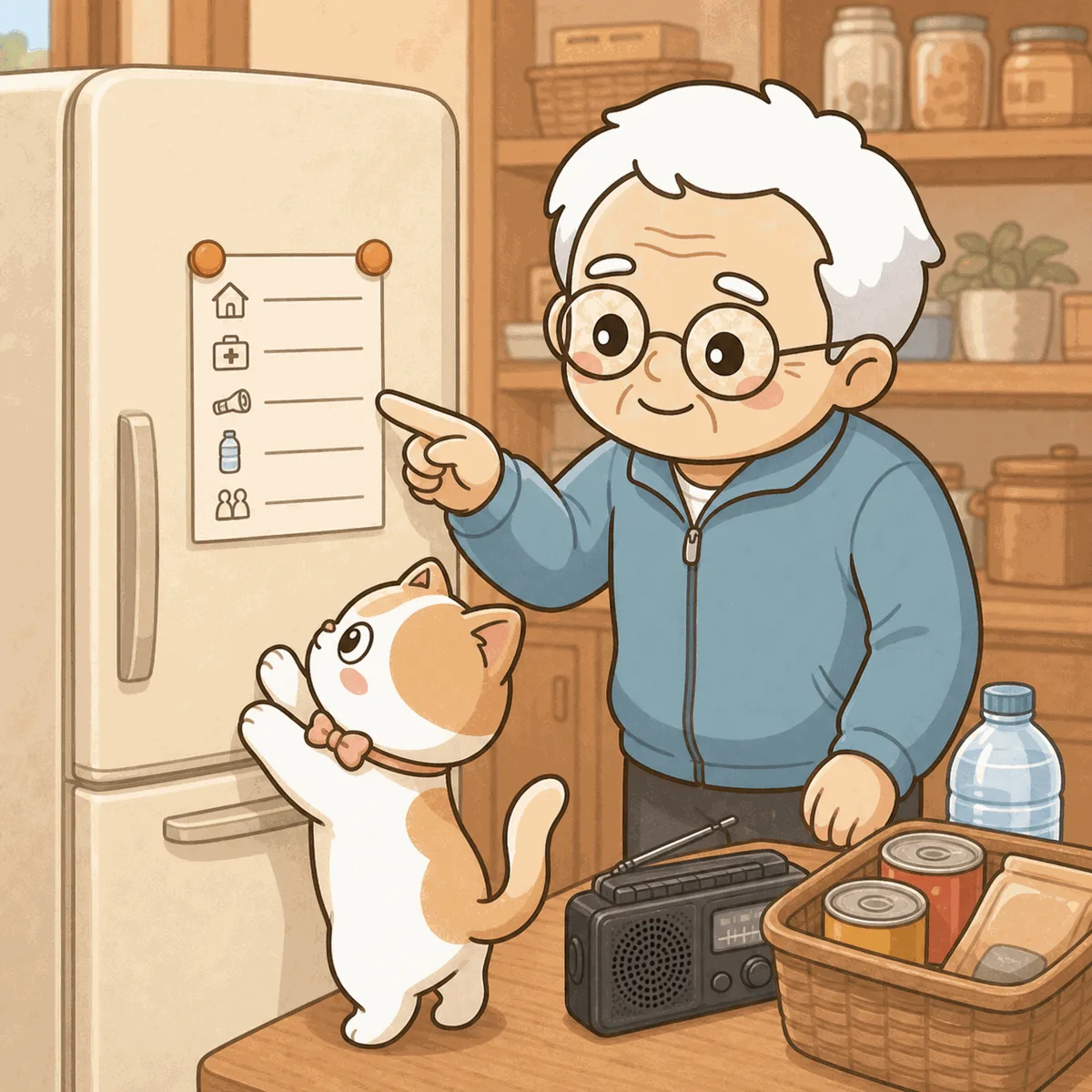 そなえじぃが冷蔵庫の扉に磁石で留めた緊急連絡カードを指差してほほえんでいる。ひなたちゃんは冷蔵庫の前で背伸びしてカードに興味津々