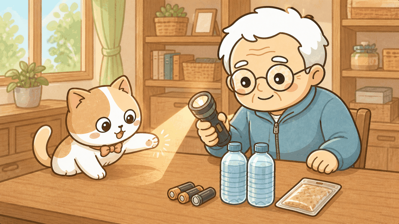 そなえじぃが木のテーブルで懐中電灯を点けて、光が出るか確かめている。テーブルには予備の乾電池、ペットボトルの水が2本、非常食のパックが並んでいる。ひなたちゃんがテーブルの上で、懐中電灯の光を前足でつかまえようと遊んでいる。