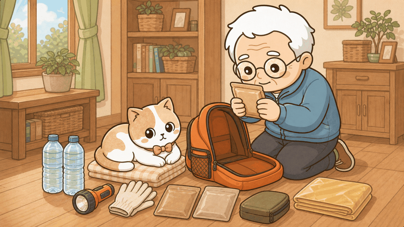そなえじぃが床にひざをついて、オレンジ色の防災リュックの中身を全部出して並べている。手前には水のペットボトル、懐中電灯、軍手、非常食のパック、救急ポーチ、たたんだレインポンチョが半円状に置かれている。ひなたちゃんは並べた毛布の上に丸くなって陣取っている。
