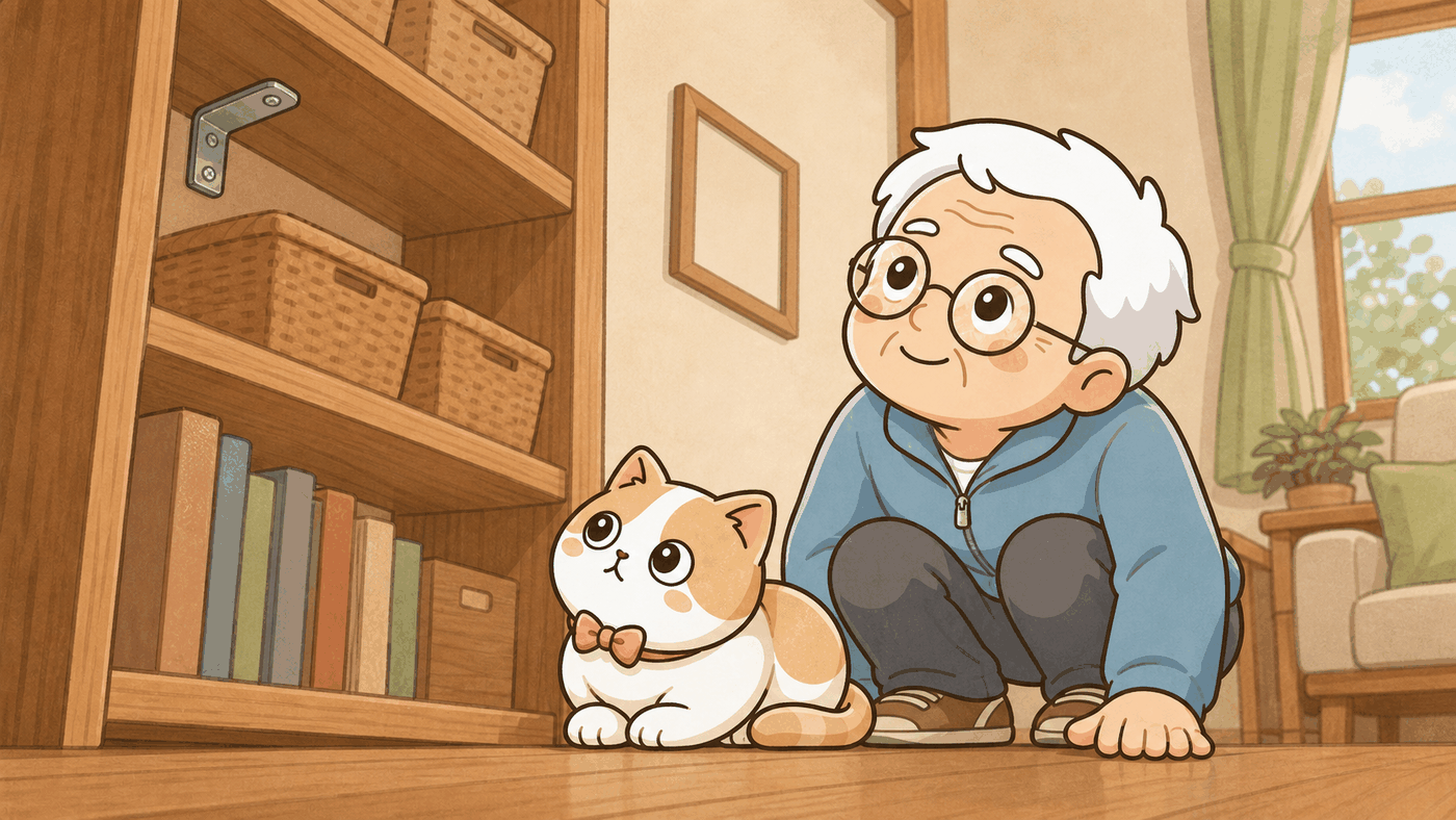 そなえじぃが床にしゃがみ込み、低い目線から本棚を見上げて点検している。棚は上部が金具で壁に固定され、上段には軽いかごだけ、重い本は最下段に置かれている。すぐ隣でひなたちゃんも同じように低い姿勢で同じ棚を見上げている。