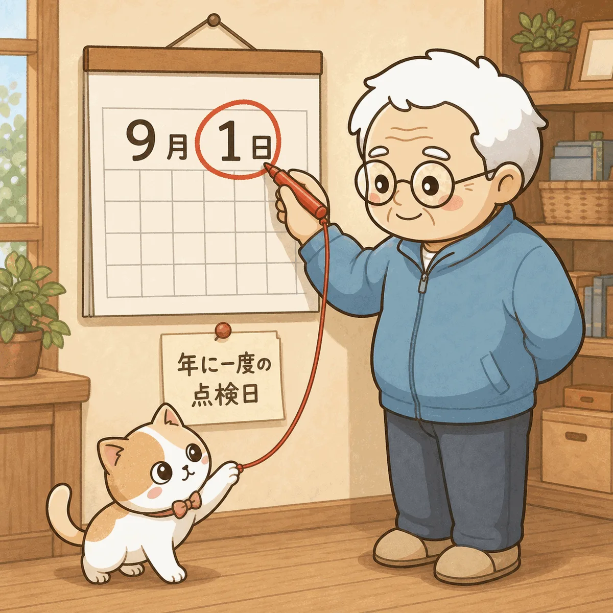 そなえじぃが壁のカレンダーの「9月1日」に赤ペンで丸をつけている。下に「年に一度の点検日」と書いたメモ。ひなたちゃんが赤ペンのひもにじゃれている