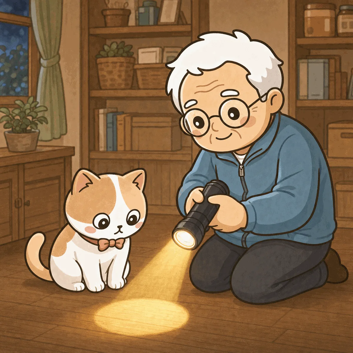 そなえじぃが懐中電灯のスイッチを入れて、光がつくか確かめている。ぱっと灯った明かりの光の輪を、ひなたちゃんが目で追って見つめている
