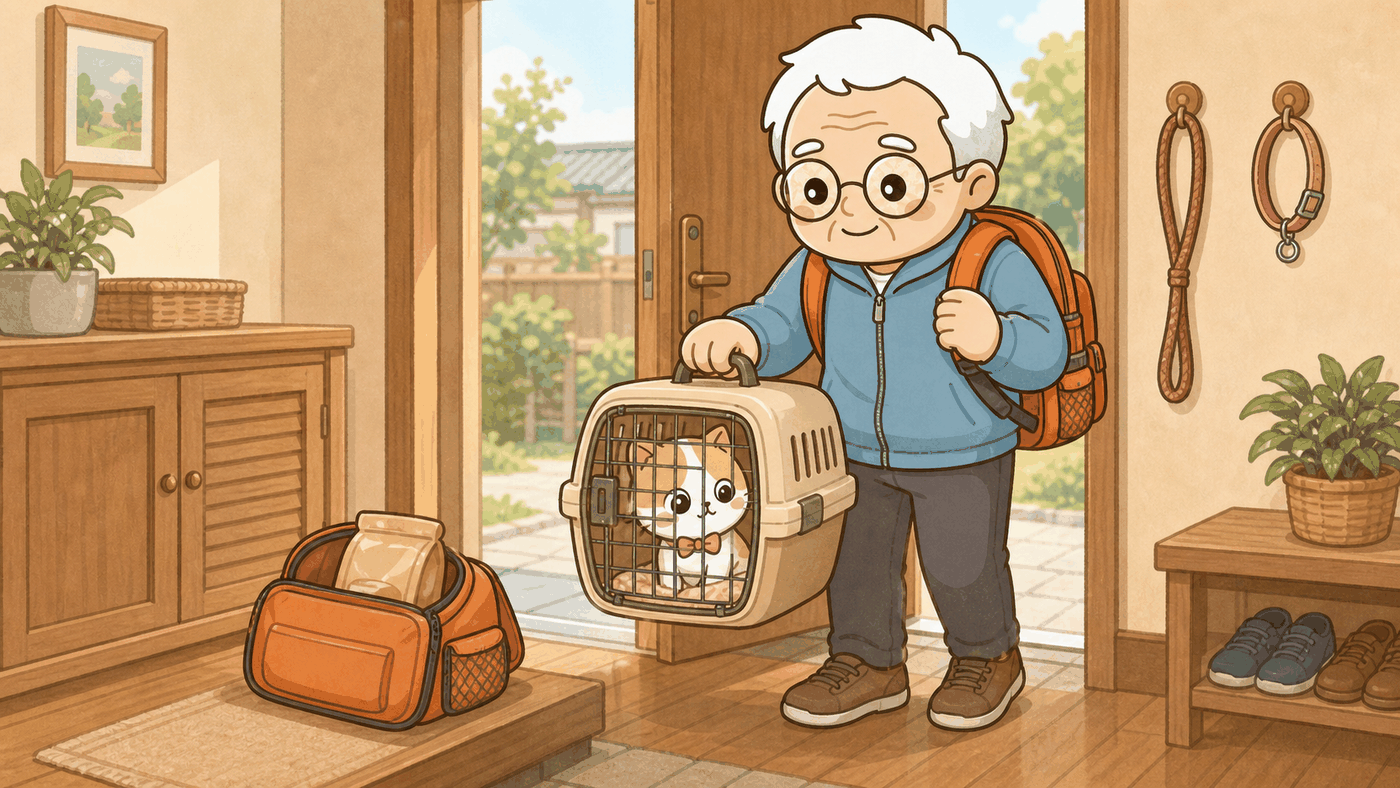 家の玄関で、そなえじぃがオレンジ色の防災リュックを背負い、ひなたちゃんの入ったハードキャリーを持ち上げて出発しようとしている。玄関の扉は開き、外から明るい日差しが差し込む。土間にはフードを入れた予備のバッグが置かれ、壁にはリードと予備の首輪が掛かっている。