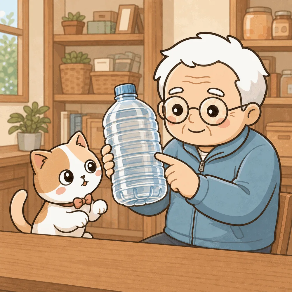 そなえじぃが厚みのある長期保存水のペットボトルを持ち上げて説明し、ひなたちゃんが横で見上げているイラスト