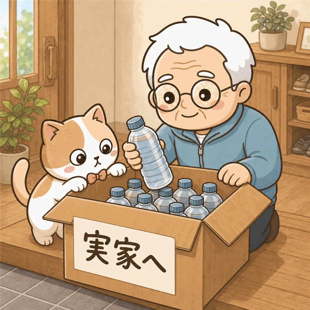 そなえじぃが保存水を詰めた「実家へ」の段ボール箱を用意し、ひなたちゃんが手伝うイラスト