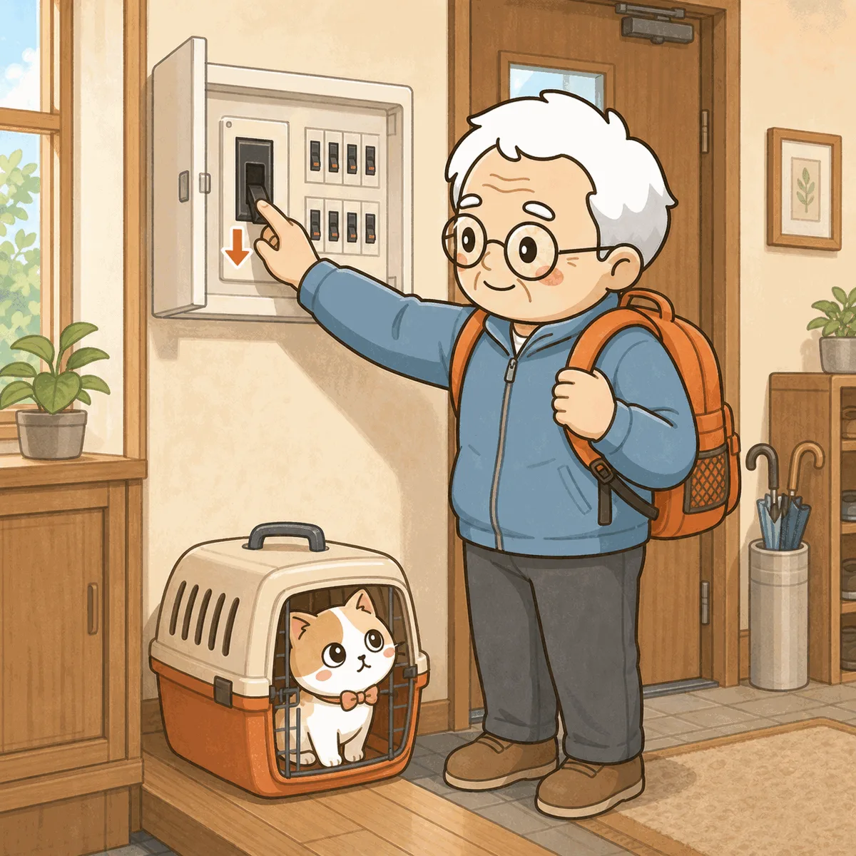 避難リュックを背負ったそなえじぃが、玄関近くの分電盤のブレーカーを落としている。足元のキャリーの中からひなたちゃんが見上げる