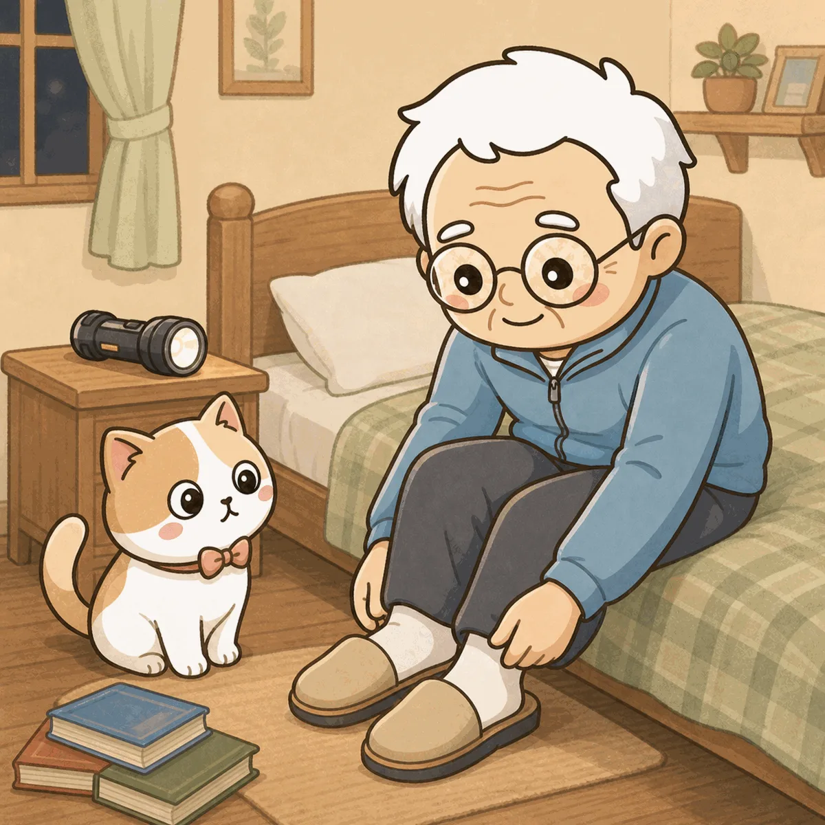 揺れが収まった部屋で、そなえじぃがベッドの脇でスリッパを履いている。枕元には懐中電灯。ひなたちゃんが見守る