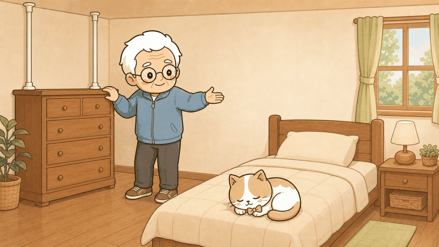 寝室でそなえじぃが、突っ張り棒で固定されたたんすの横に立ち、部屋を示すように両手を広げている。ベッドの上ではひなたちゃんが丸くなって眠っており、枕元には倒れてくる家具がない。