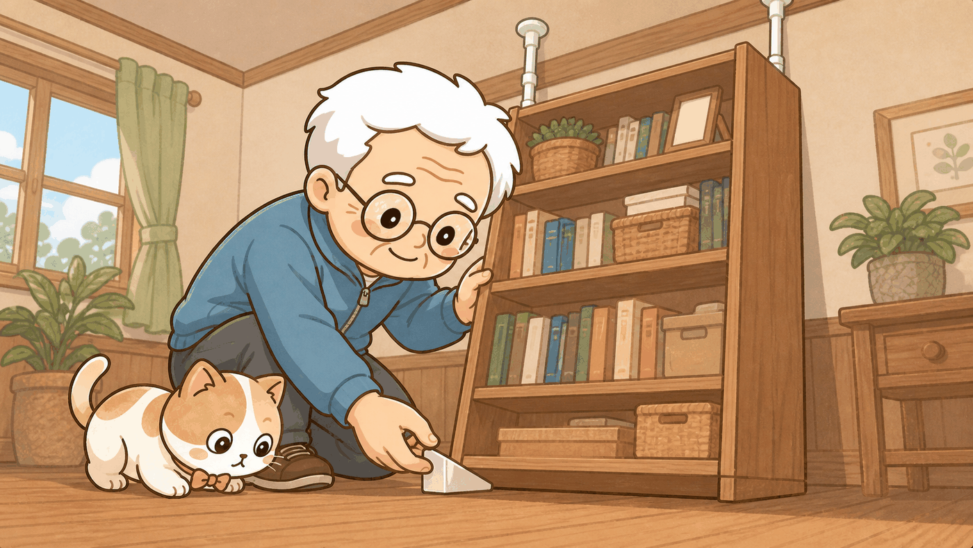 そなえじぃが本棚のそばに膝をつき、家具の下の手前側にストッパーを挟み込んでいる。本棚の上には突っ張り棒が2本、天井との間に取り付けられている。ひなたちゃんが床に伏せて、手元をのぞき込んでいる。