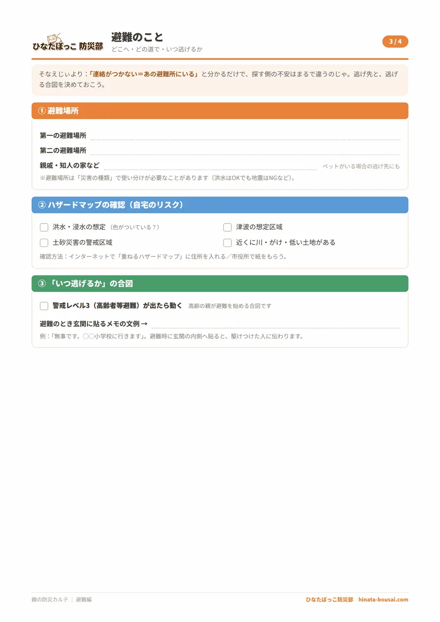 親の防災カルテ 3ページ目 避難編