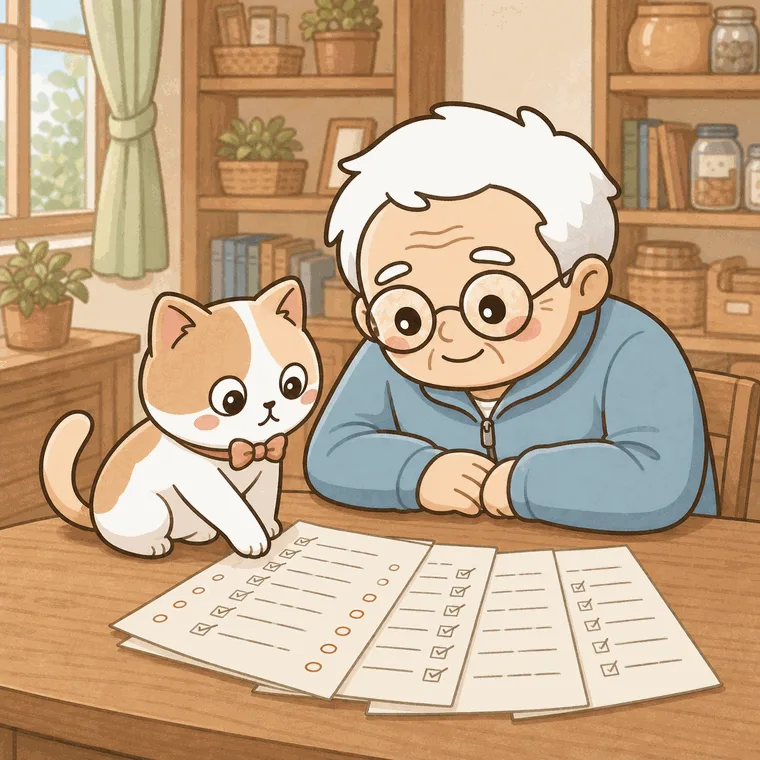 完成したカルテをそなえじぃとひなたちゃんが一緒に眺めるイラスト