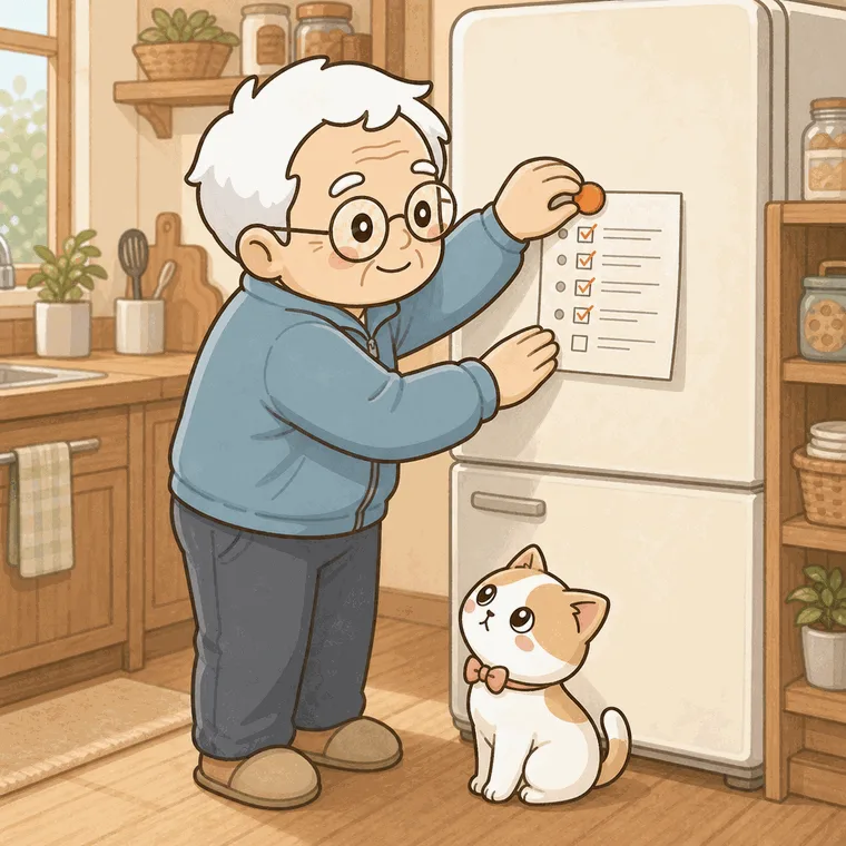 そなえじぃが記入したカルテを冷蔵庫に貼り、ひなたちゃんが見上げるイラスト