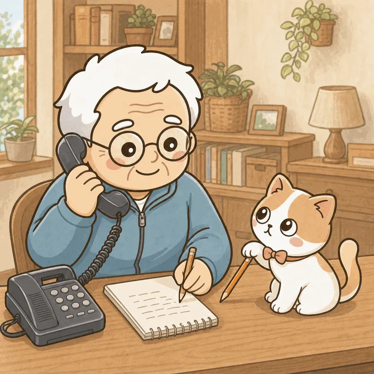 そなえじぃが電話をしながらメモを取り、ひなたちゃんが横で手伝うイラスト