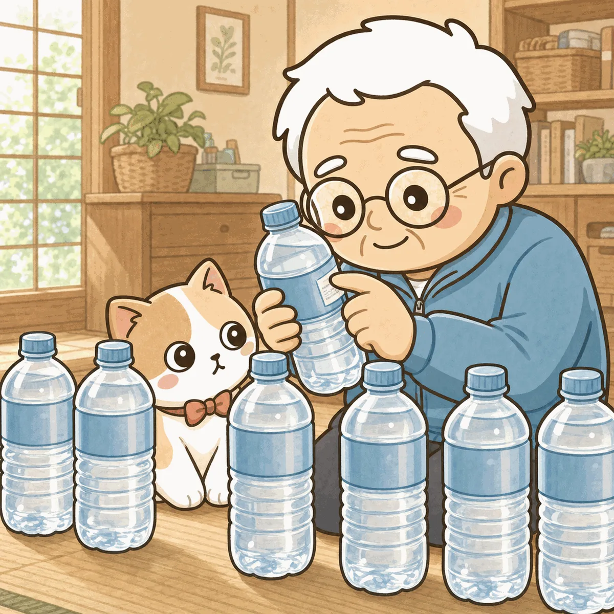 そなえじぃが備蓄用のペットボトルを1本手に取り、丸メガネ越しにラベルの賞味期限を確認している。床には備蓄水のペットボトルが並び、ひなたちゃんがボトルの間から顔を出している