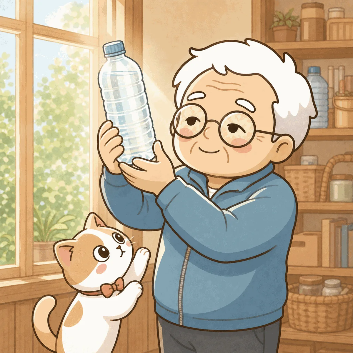 そなえじぃが窓の明かりにペットボトルの水をかざして、澄んでいるか確かめている。ひなたちゃんが見上げて一緒に確認している