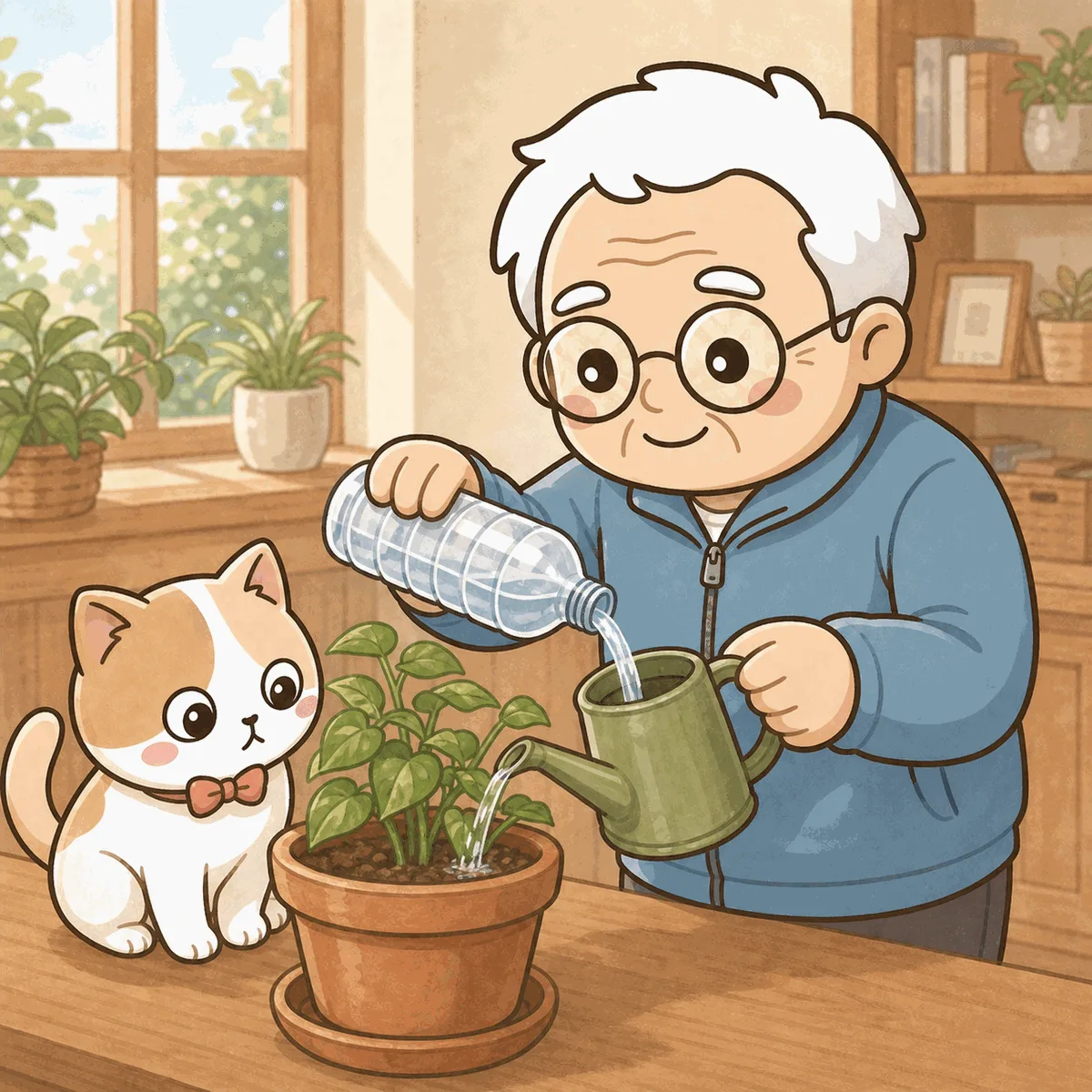そなえじぃが期限切れのペットボトルの水をじょうろに移して、鉢植えの植物に水やりをしている。ひなたちゃんが鉢のそばで見ている