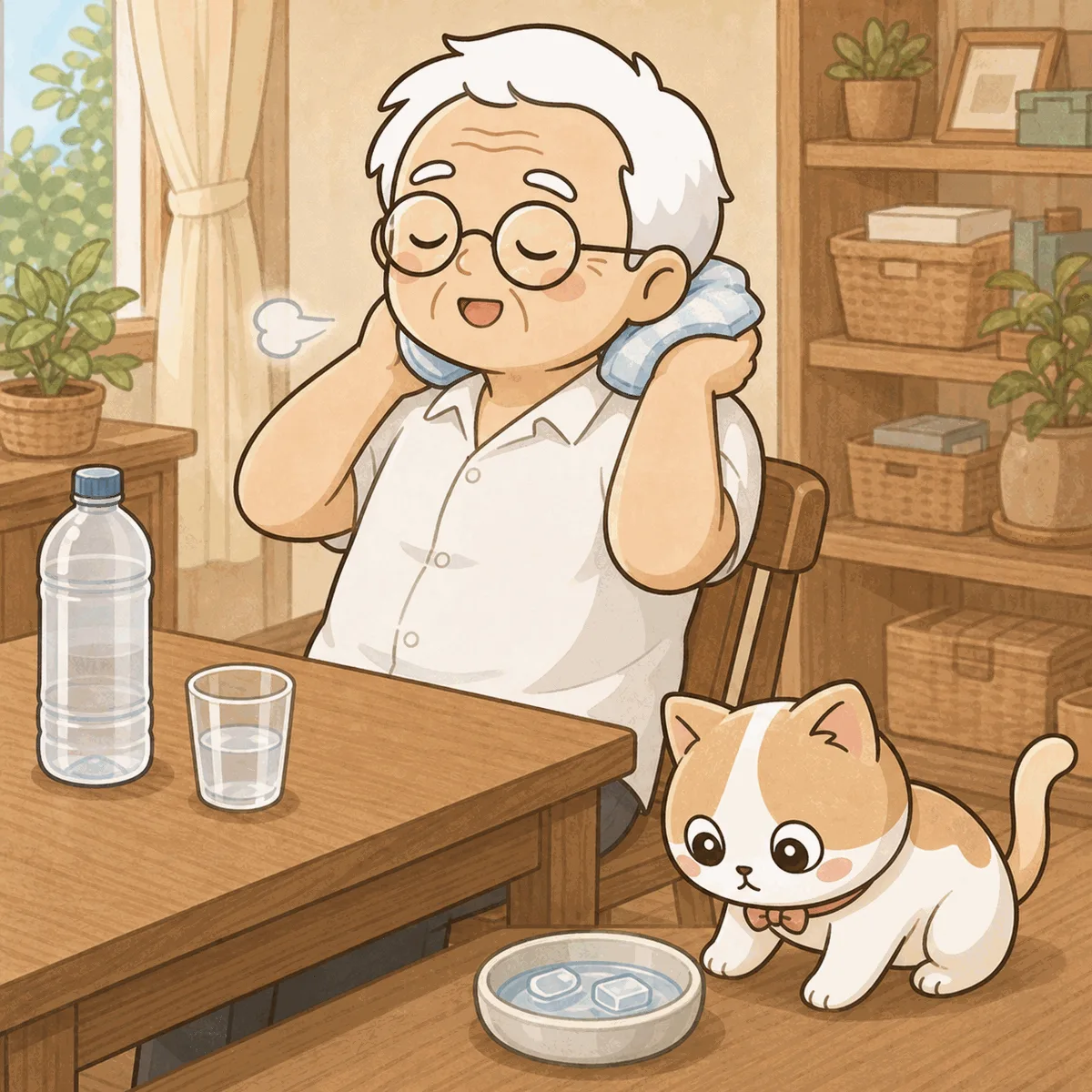 そなえじぃが濡れタオルで包んだ保冷剤を首の後ろに当てて涼しげな表情。テーブルには水のペットボトルとコップ。ひなたちゃんは氷の入った小皿の水を見ている
