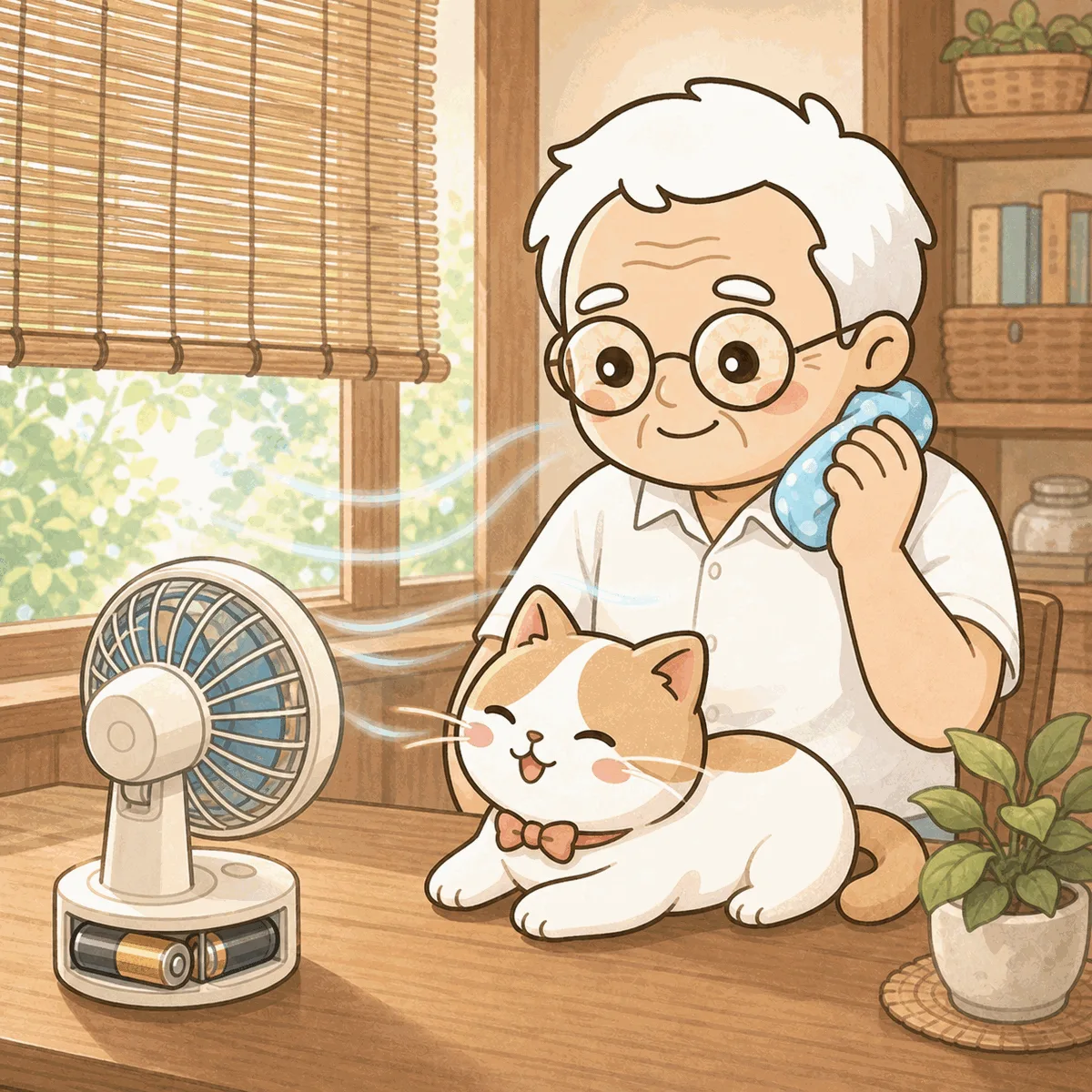半袖姿のそなえじぃが、乾電池式の小さな扇風機の前で首に保冷剤を当てて涼んでいる。窓にはすだれ。ひなたちゃんも扇風機の風を気持ちよさそうに浴びている