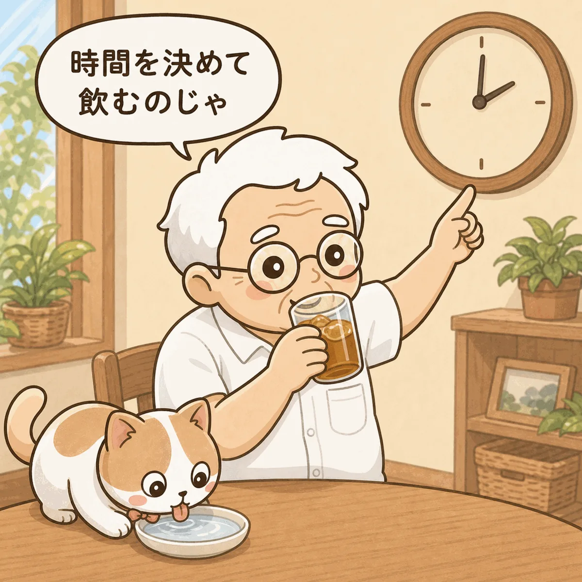 そなえじぃが麦茶を飲みながら、壁の時計を指さして「時間を決めて飲むのじゃ」と話している。ひなたちゃんも小皿の水をぺろりと飲んでいる