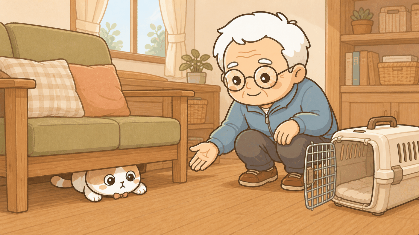 ひなたちゃんがソファの下に潜り込み、顔と前足だけを出して動こうとしない。すぐそばには扉を開けたペットキャリーが置かれているが、完全に無視されている。そなえじぃが少し離れたところにしゃがみ、手を差し出しながら困り顔で笑っている。
