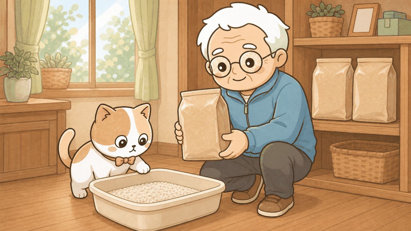 そなえじぃが猫砂の紙袋を両手で持って見せている。背後の棚には同じ猫砂の予備が2袋きちんと並んでいる。手前にはシンプルな猫用トイレが置かれ、ひなたちゃんが前足を縁にかけて中をのぞき込み、満足そうにしている。