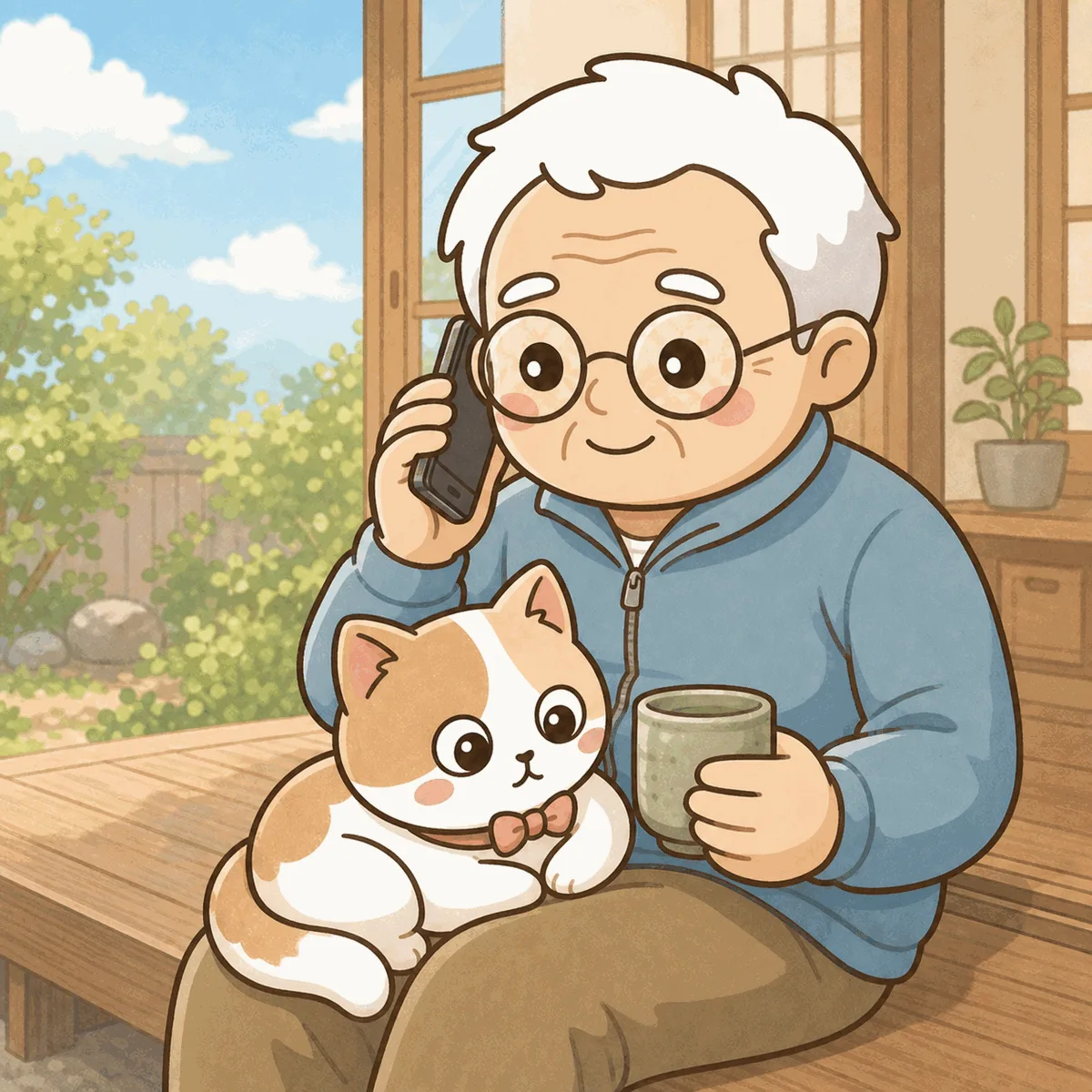 晴れた日の縁側で、そなえじぃが湯のみを片手にスマホで楽しそうに話している。ひなたちゃんは膝の上で丸くなっている