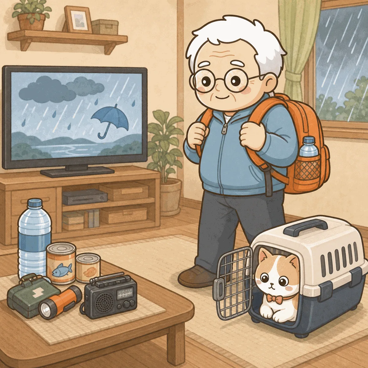 雨のニュースが映るテレビの前で、そなえじぃがオレンジ色の避難リュックを背負っている。そばのペット用キャリーには、ひなたちゃんが自分からちょこんと入っている