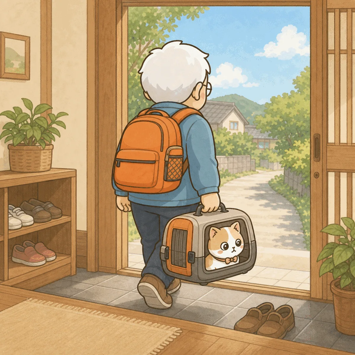 明るい空の下、避難リュックを背負ったそなえじぃがひなたちゃん入りのキャリーを提げて玄関を出ていく後ろ姿。ひなたちゃんはキャリーの窓から顔をのぞかせている