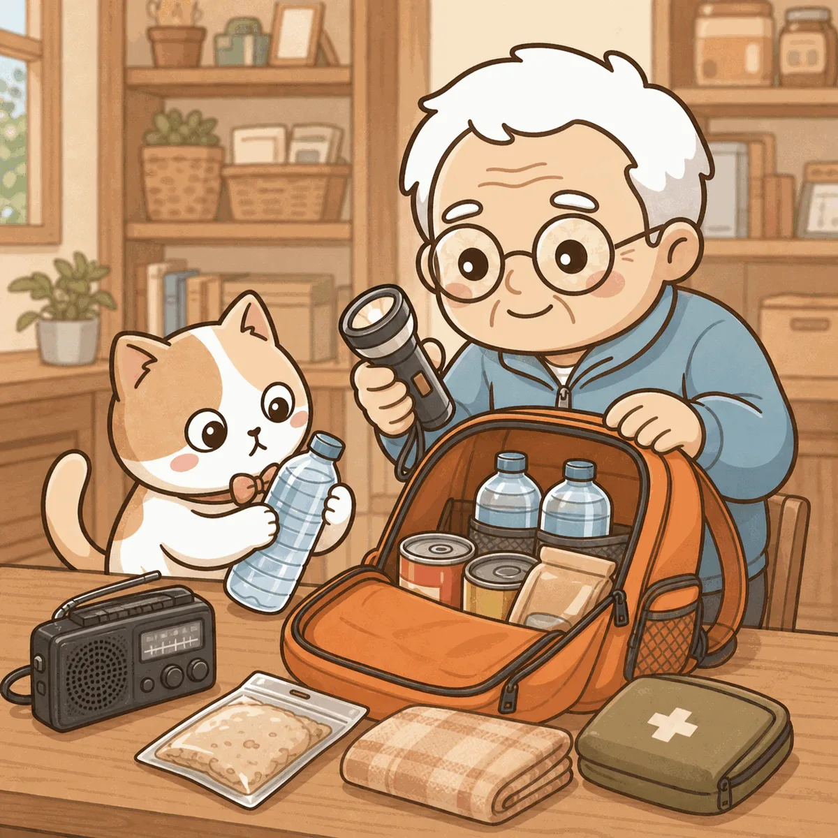 そなえじぃが段ボール箱から防災グッズを取り出して床に並べてチェックしている。ひなたちゃんは箱の中から顔を出してのぞいている