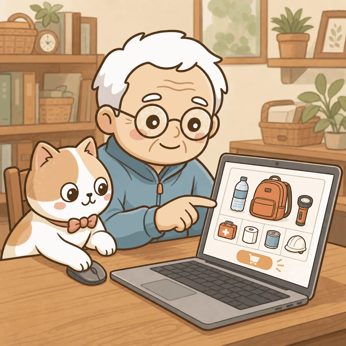 そなえじぃがノートパソコンで防災セットの通販ページを見ながら注文している。ひなたちゃんはマウスに前足を乗せて手伝っている
