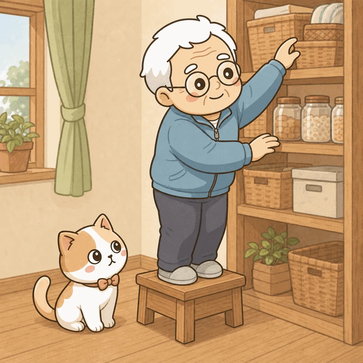 そなえじぃが小さな踏み台に乗って棚の上のかごに手を伸ばしている。ひなたちゃんは踏み台の横に座って見上げている。普段は踏み台、災害時は簡易トイレになるフェーズフリーの使い方のイメージ