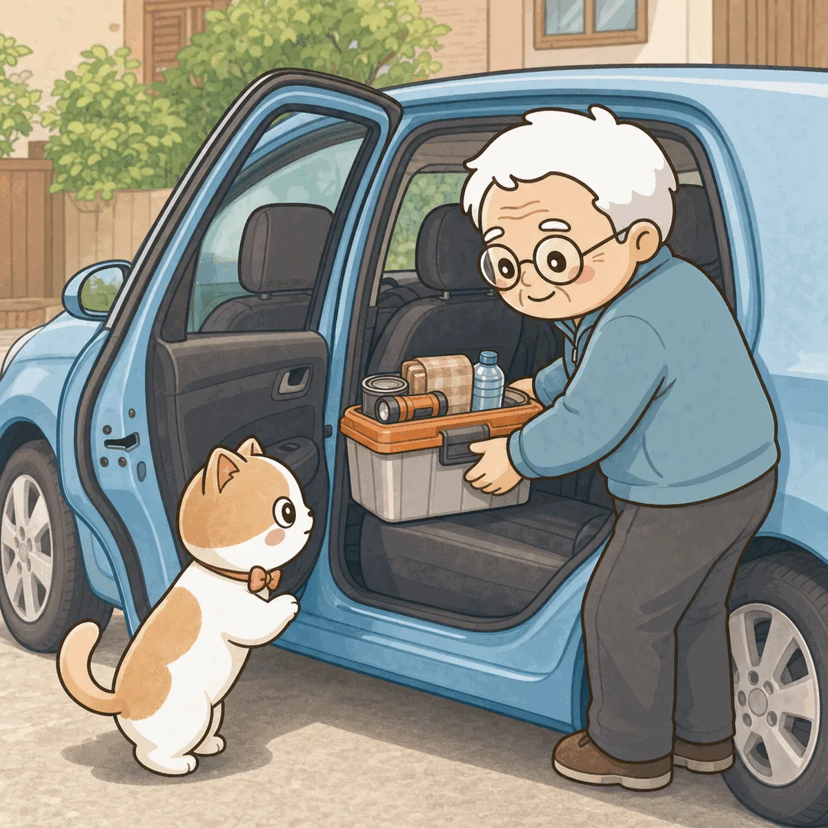 そなえじぃが車の後部座席に防災グッズの入った箱を積み込んでいる。ひなたちゃんは開いたドアから車内をのぞきこんでいる。車に常備するフェーズフリーの備えのイメージ