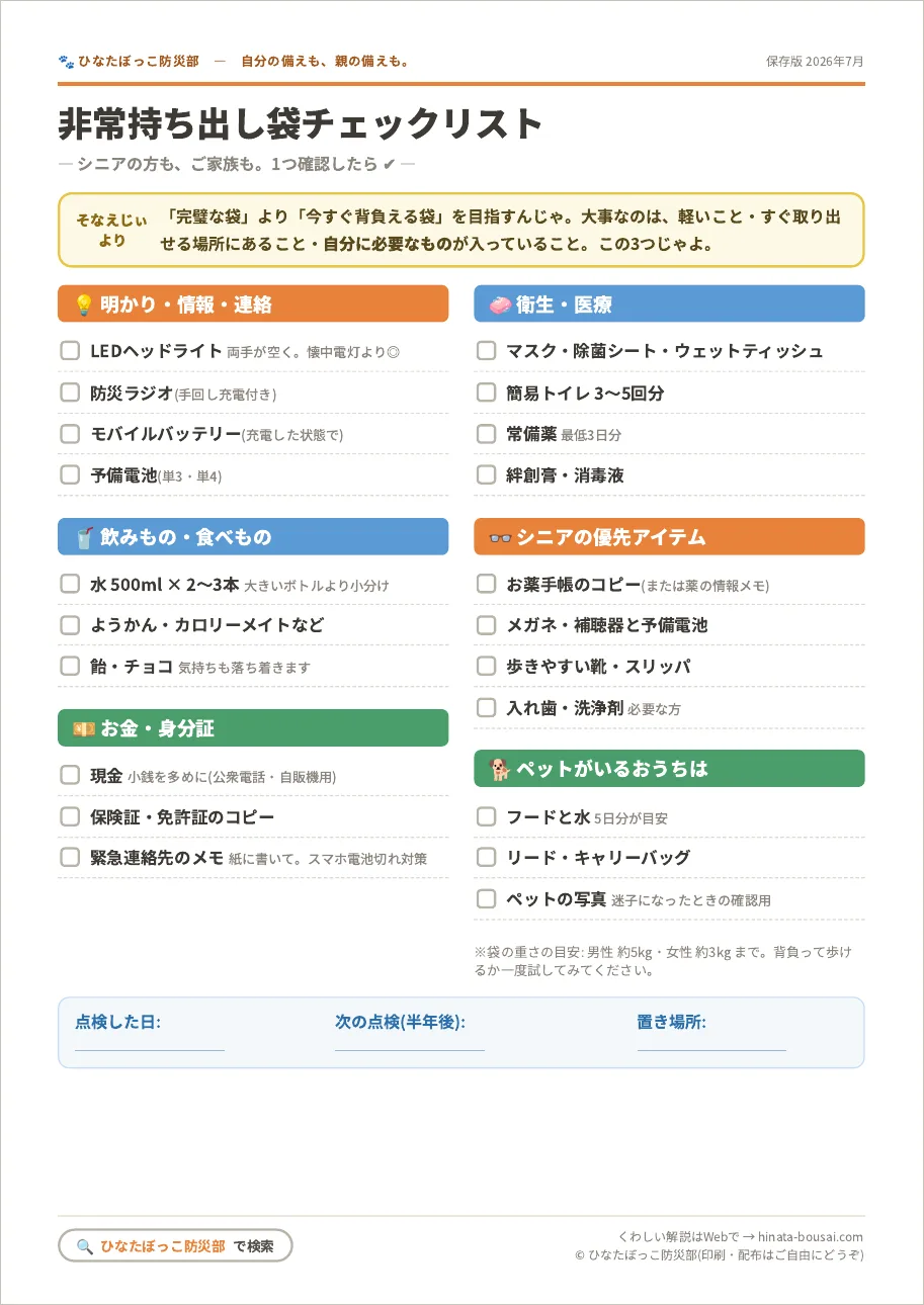 非常持ち出し袋チェックリストPDFのプレビュー。6カテゴリのチェック欄と点検日の記入欄があるA4シート