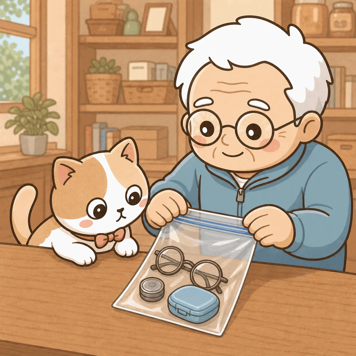 そなえじぃが透明なジッパー付き小袋に予備の老眼鏡・ボタン電池・入れ歯ケースを入れている。ひなたちゃんがテーブルの上から袋の中を興味津々でのぞきこんでいる