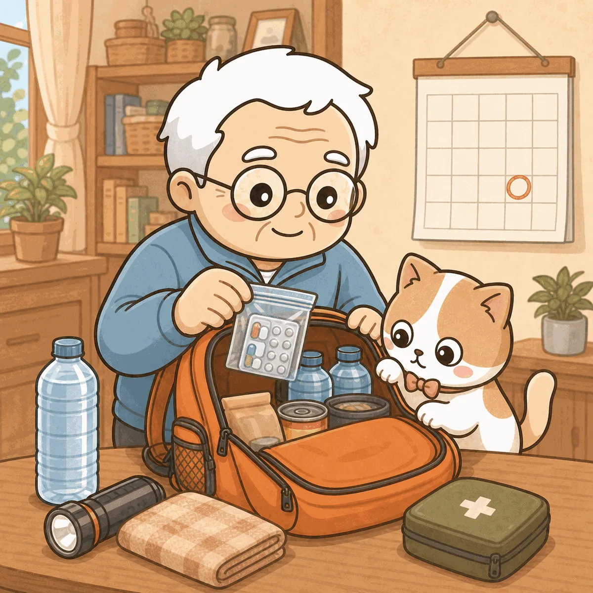 壁のカレンダーに赤丸がついた部屋で、そなえじぃがオレンジ色の避難リュックに薬の小袋を入れている。ひなたちゃんはリュックのふちに前足をかけて手伝うそぶり