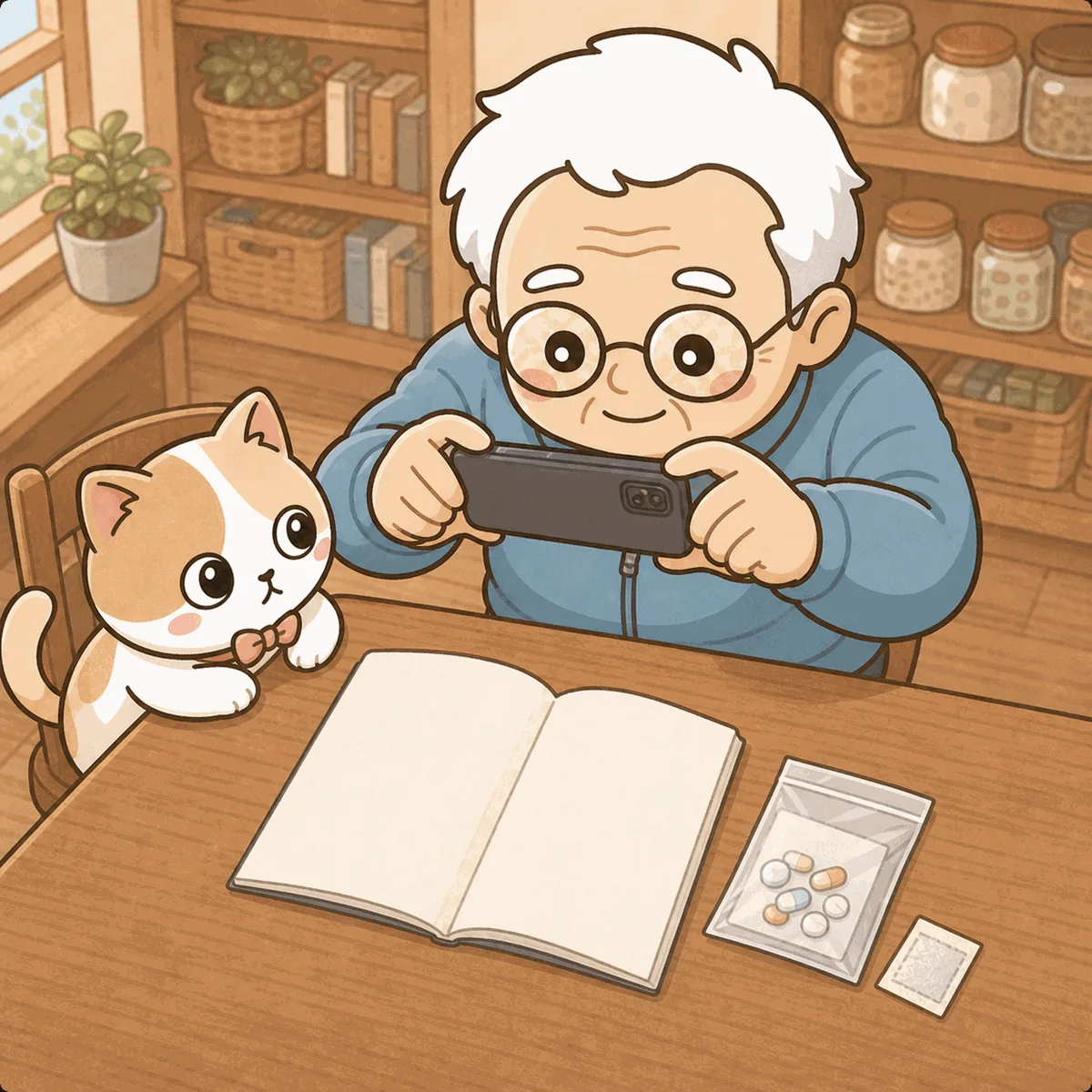 そなえじぃがテーブルに開いたお薬手帳をスマホで撮影している。そばに薬の袋。ひなたちゃんは椅子の上からスマホを見上げている