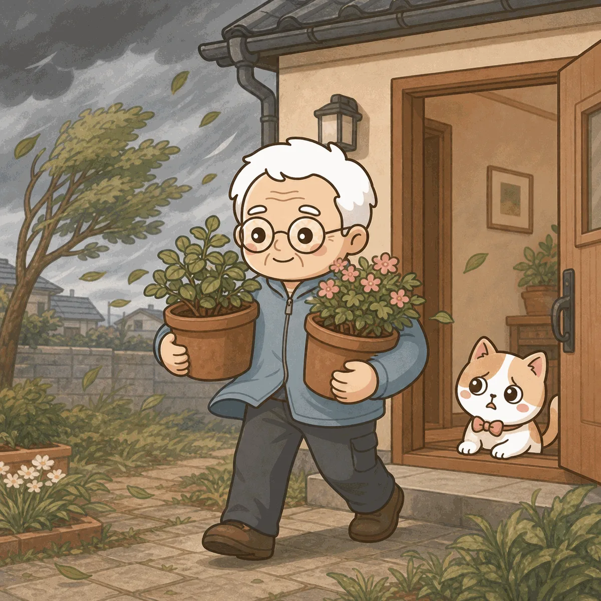 曇り空の下、そなえじぃが植木鉢を抱えて家の中へ運んでいる。ひなたちゃんは玄関から心配そうに見ている
