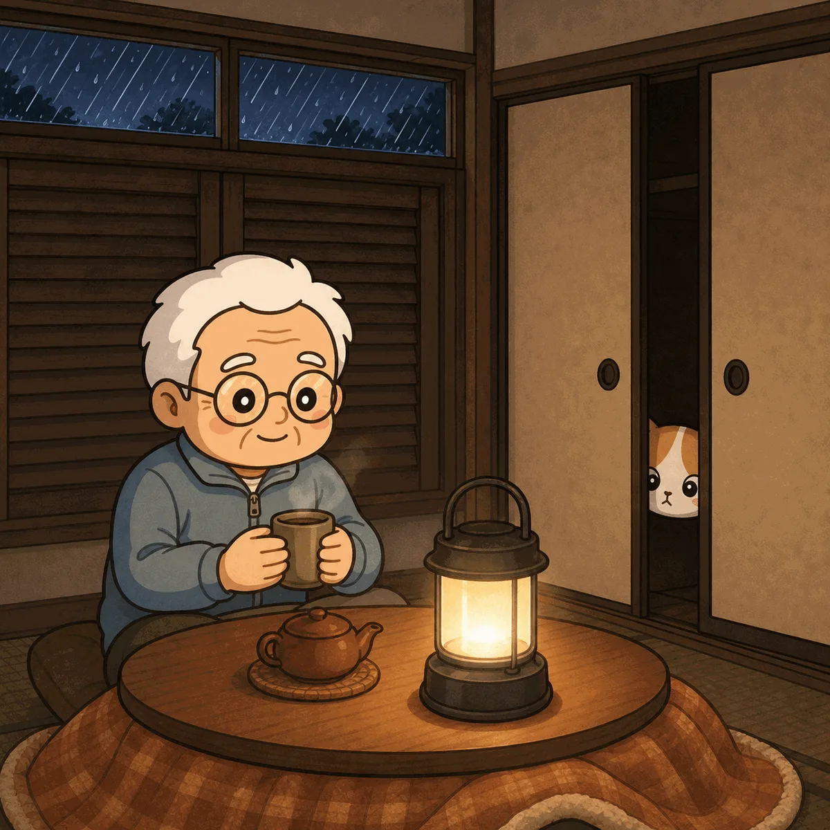 雨戸を閉めた夜の部屋で、そなえじぃがランタンのそばで温かいお茶を飲んでいる。ひなたちゃんは押し入れの隙間から顔を出している